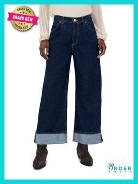 Wide Leg High Rise Non-Stretch Denim Jeans Button Tab Cuffed Hem